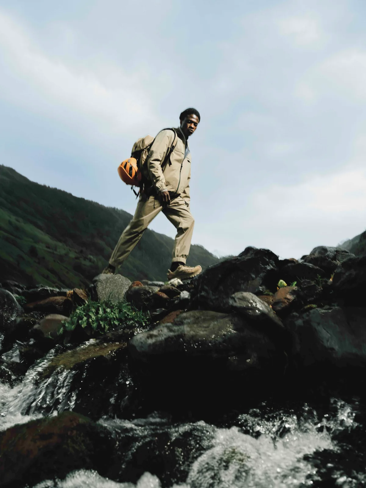 Fashion still from RESH Moncler Grenoble campaign — wide frame with model in jacket